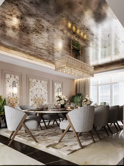 A wider shot of the London dining room, showing the interplay between the dark floor, patterned wallpaper, and the striking reflective ceiling.
