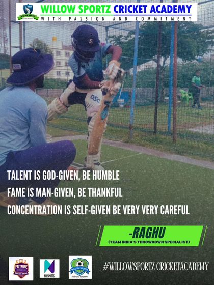 A powerful image of a young batsman in action, paired with an inspirational quote. This reflects our philosophy of building not just skills, but also character and concentration.