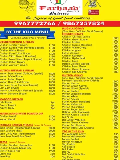 Our 'By the Kilo' menu is the easiest way to plan food for any gathering. This menu details our offerings for bulk orders in Mughlai, Biryani, and Seafood, with one kilo serving approximately 8 to 9 people.