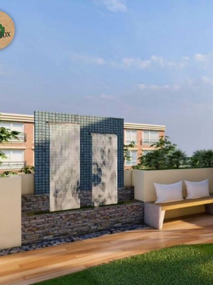 A 3D visualization for a 1000 sq ft terrace garden in South Delhi. This render shows a proposed water feature and built-in bench, key elements in creating an understated, modern, and warm ambiance.