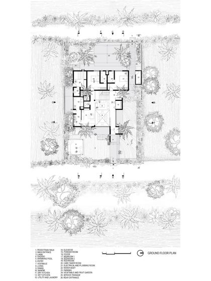 The ground floor plan for the SANCTUM House. This drawing illustrates the clear zoning of the house into public, private, and service areas, all organized around the existing coconut trees on the site.