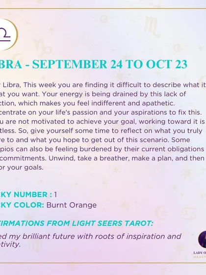 A weekly tarot prediction for Libra. This week you are finding it difficult to describe what it is that you want. Your energy is being drained by this lack of direction. Concentrate on your life's passion and your aspirations to fix this.
