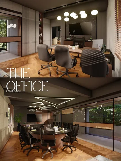 A collage showcasing a modern office concept. The design features a private cabin with contemporary lighting and a large conference room with geometric ceiling lights, emphasizing a sophisticated and forward-thinking workplace.