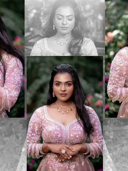 A collage of a model in a pink lehenga, showing different angles and moods of the look.