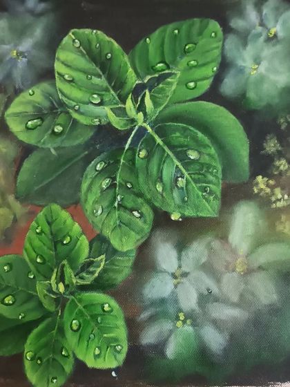An oil painting study of water droplets on leaves. This technical exercise is about capturing the reflection and transparency of water, making the leaves look fresh and lifelike.