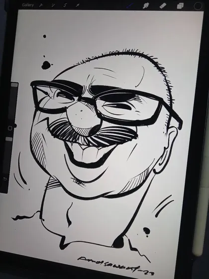 A bold, black-and-white digital ink caricature with high contrast and expressive lines, drawn on my tablet.