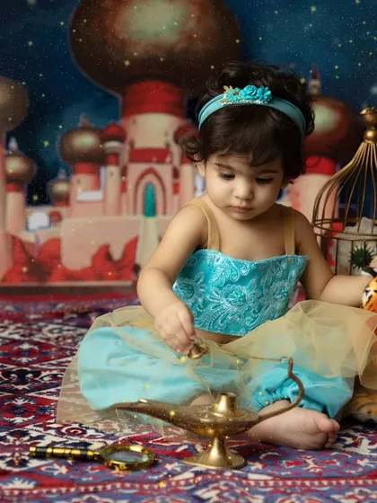 A moment of wonder with the magic lamp. The detailed props and vibrant backdrop bring this beloved fairytale to life for a truly unique photoshoot.