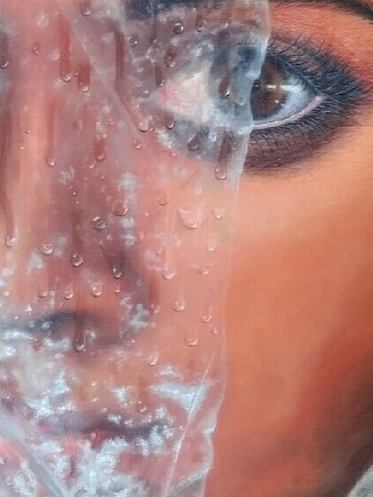 A work-in-progress shot of 'Fear'. At this stage, I am focusing on the texture and transparency of the plastic wrap, a key symbolic element in the piece.