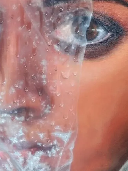A work-in-progress shot of 'Fear'. At this stage, I am focusing on the texture and transparency of the plastic wrap, a key symbolic element in the piece.