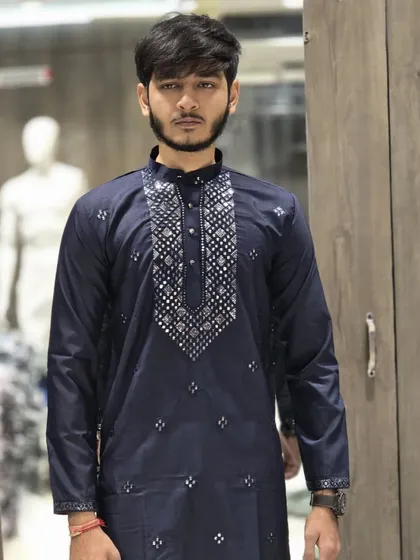 The navy blue version of the ready-to-wear mirror-work kurta.