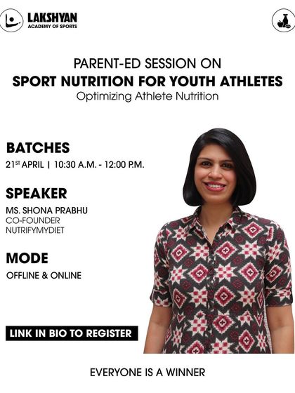 An announcement for my Parent-Ed session on sports nutrition for youth athletes, covering everything from macronutrients to hydration and pre-training meals.