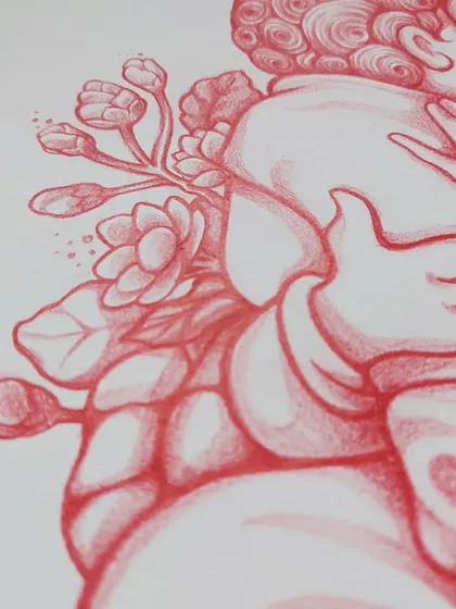 A detail shot of the floral elements in the Mother's Day piece, which add a layer of tenderness and life to the drawing.