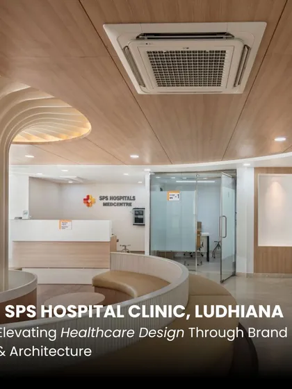 The SPS Hospital Clinic in Ludhiana was designed as a scalable prototype. This image of the waiting area shows how brand identity is integrated with spatial storytelling to create a cohesive and replicable patient experience.