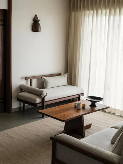 A closer look at the living area in Apartment 1005, where custom-designed teak wood seating creates a warm and inviting atmosphere. The design focuses on clean lines and natural textures, achieving a look that is both minimal and luxurious.