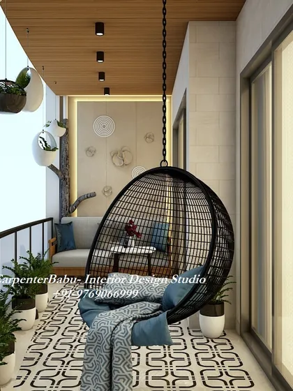 A balcony should be a private escape. I turned this space into a cozy retreat with a comfortable swing chair, patterned floor tiles, and plenty of greenery. The wooden ceiling and spot lighting add warmth, making it the perfect spot to enjoy a cup of tea or simply relax.