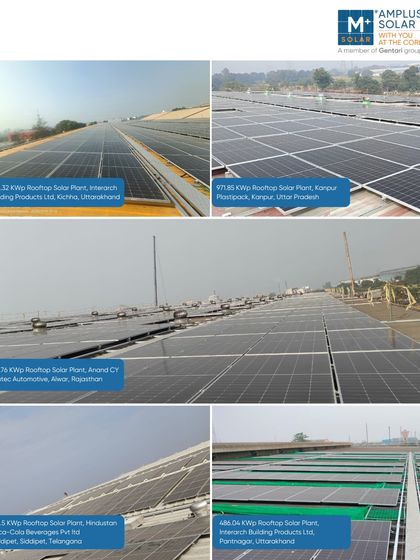 This collage showcases our diverse on-site solar projects, from a rooftop plant for Anand CY Myutec Automotive in Rajasthan to a facility for Interarch Building Products in Uttarakhand, reflecting our nationwide presence and expertise.