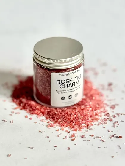 The final packaged look of our Rose-Tic Charm bath salts. Simple, elegant, and eco-friendly.