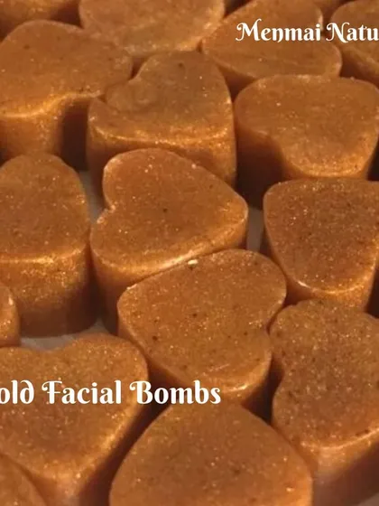 These are my Gold Facial Bombs, a quick at-home facial treatment. Each little heart is packed with herbal ingredients like hibiscus, sandalwood, and citrus extracts to give you an instant, parlour-like radiant glow.