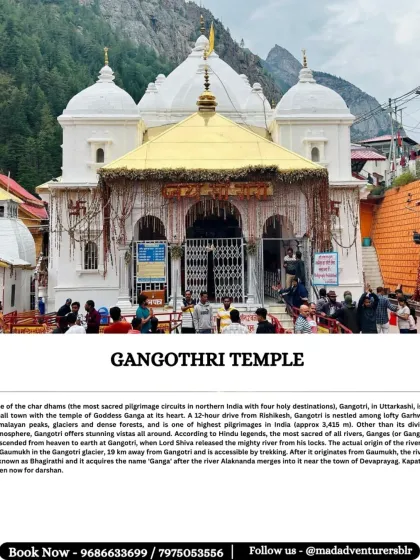 The serene white Gangotri Temple, the origin of the holy river Ganga. I handle all the travel logistics so you can focus on your prayers at this sacred site.