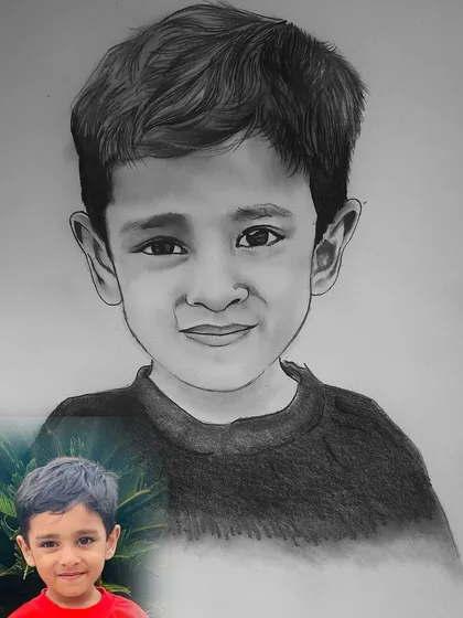 Here you can see the final sketch next to the reference photo for this child's portrait. It's an A4 sized pencil drawing where I aimed to capture the child's innocent expression.