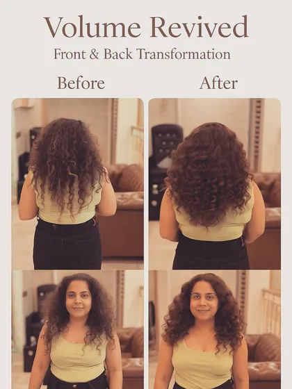 For clients with naturally curly hair, adding volume without disrupting the curl pattern is key. This before and after shows how our custom curly hair toppers and extensions can revive thinning hair, adding beautiful, balanced volume from front to back.
