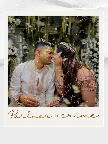 "Partner in crime." A sweet, intimate moment from the Haldi, captured in a polaroid-style frame.