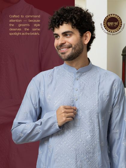 Crafted to command attention. A close-up of a model in a light blue embroidered kurta, showcasing the detailed threadwork.