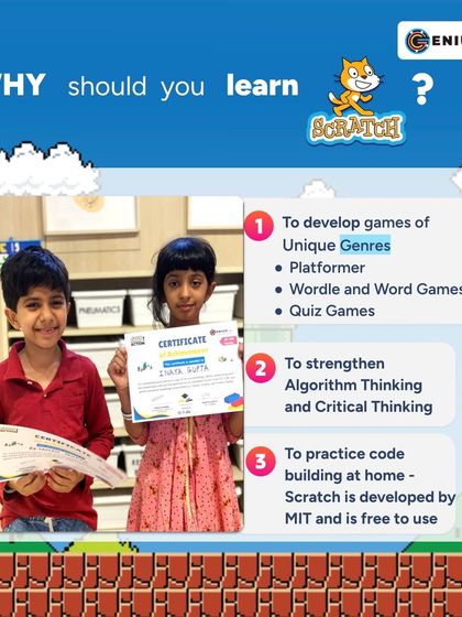 Two students proudly display their certificates after completing a Scratch coding workshop. Learning Scratch helps them develop games, strengthen algorithmic thinking, and practice coding at home.