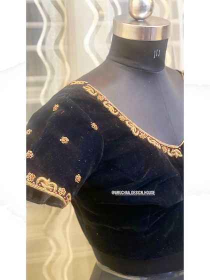 Simple elegance on a black velvet blouse. I added a touch of zardosi handwork along the neckline and sleeves to create a timeless piece that can be paired with many different sarees.