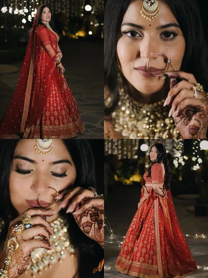 A collage of stunning bridal portraits in a red lehenga. It features close-ups of her nath (nose ring) and jewelry, as well as full-length shots against a softly lit background.