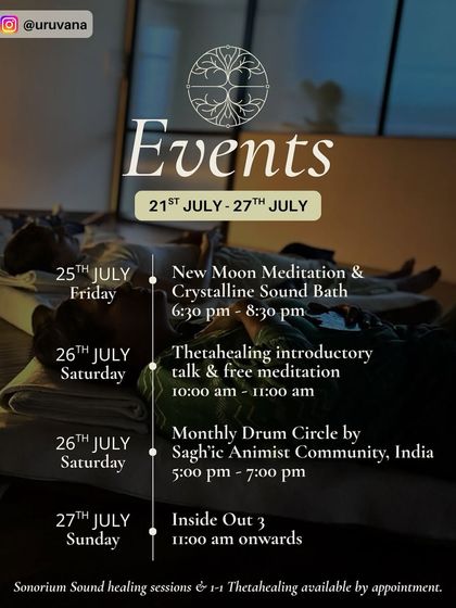 Our schedule for the last week of July. This week was filled with powerful events including a New Moon Crystalline Sound Bath, a Monthly Drum Circle, and an introductory ThetaHealing meditation.