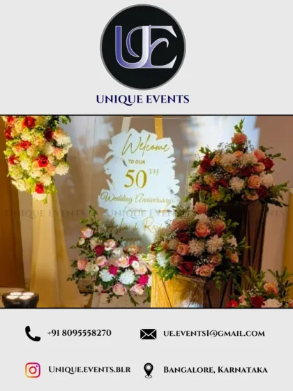 Celebrating a milestone like a 50th wedding anniversary deserves a personal touch. For this event, I designed a custom welcome board with elegant calligraphy, framed by beautiful arrangements of roses and carnations.