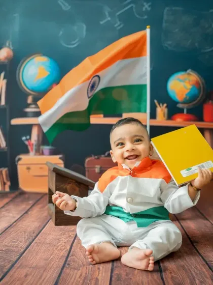A happy baby patriot, sitting on the floor with a book and the flag, surrounded by the library-themed backdrop.