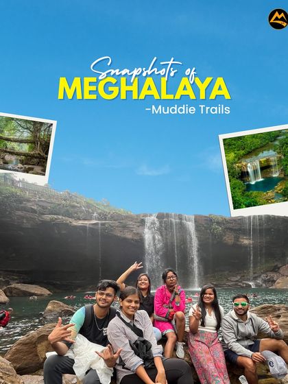 Snapshots of Meghalaya. A collage showcasing the fun moments, from posing at waterfalls to exploring the lush landscapes with the travel family.
