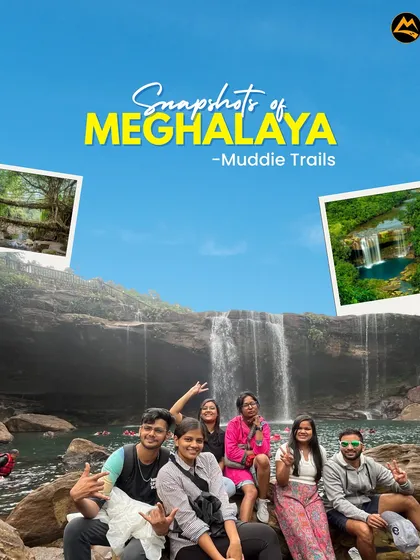 Snapshots of Meghalaya. A collage showcasing the fun moments, from posing at waterfalls to exploring the lush landscapes with the travel family.