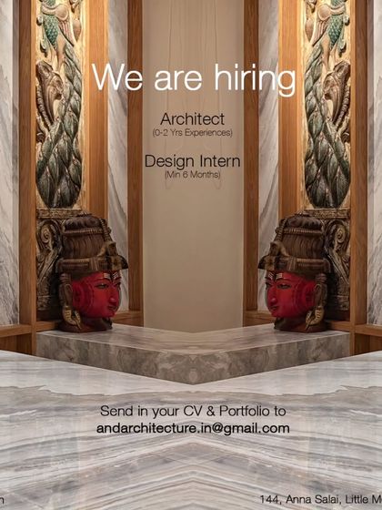 This visually striking ad from Andarch in Chennai is for an architect with 0-2 years of experience and a design intern, highlighting roles in a culturally rich design environment.