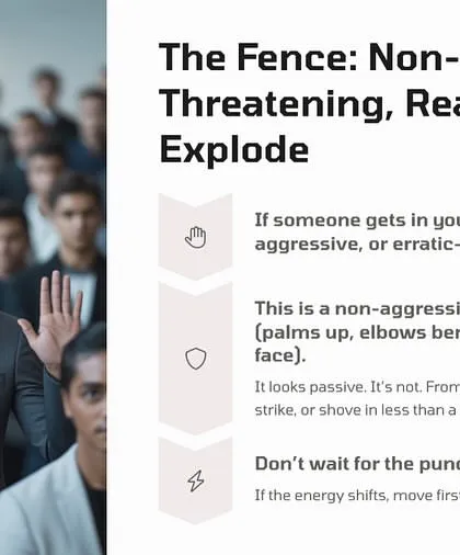 If someone gets in your space, raise your fence. This is a non-aggressive hand position that looks passive but allows you to block, strike, or shove in less than a second. Don't wait for the punch; move first.