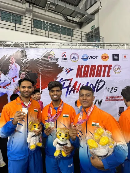The results of hard work and discipline. Our champions Rajat Kashyap and Harshit Pandey showcasing their impressive medal haul at the Thailand Open Karate Championship in Bangkok.