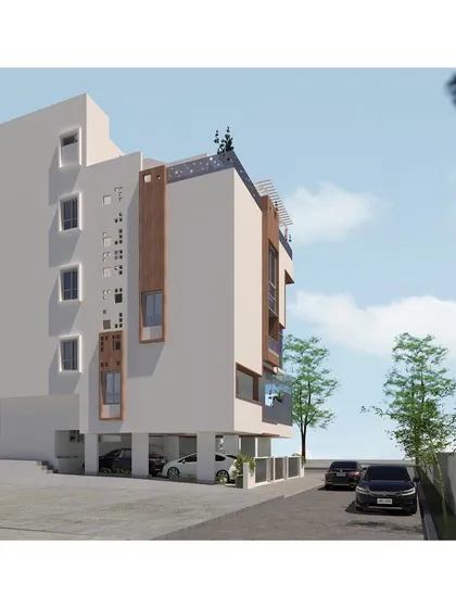 A perspective render of the Tiwari Residence, showing the stilt parking and the relationship of the building to its corner plot. The design uses perforated metal screens for privacy and filtered light.