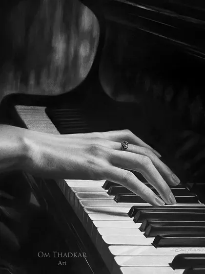 'Melodia', a 24 by 26 inch charcoal and graphite drawing of a hand playing the piano. The piece captures the delicate touch and emotion of creating music.