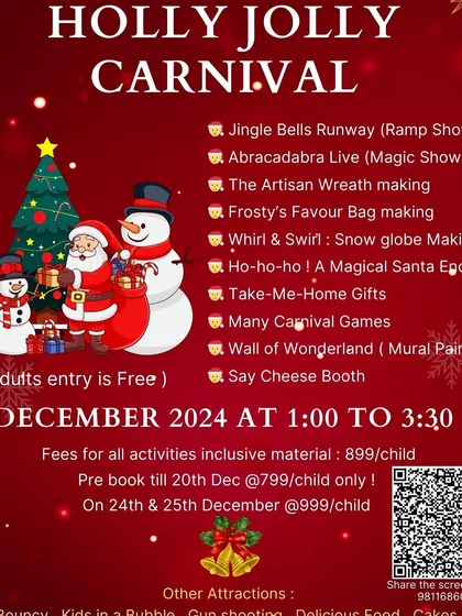 Another version of our Holly Jolly Carnival poster, with a clear list of all the exciting activities and attractions planned for a day of family fun.
