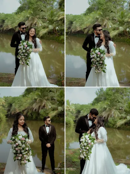 A collage of portraits from a Christian wedding by the water, showcasing a mix of playful, romantic, and stylish shots.