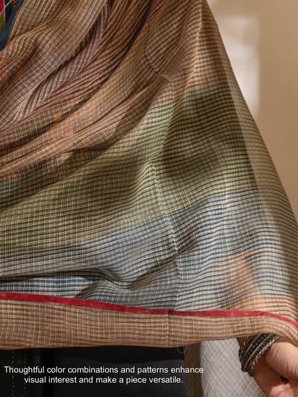 Thoughtful color combinations and patterns make a piece versatile. This detail of a Paheli dupatta shows how different colors are woven together to create visual interest.