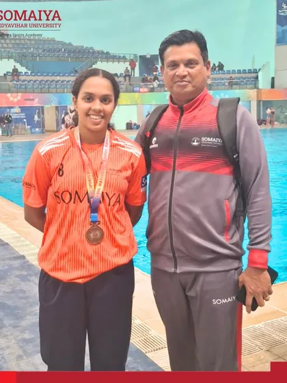 We prepare athletes for the nation's most prestigious platforms. Here is our swimmer Nirmayee Sachin Ambetkar with her coach after a record-breaking performance that earned her a qualification for the Khelo India Games, a proud moment for our entire academy.