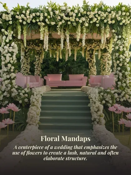 "Floral Mandaps" are all about making a statement with flowers. Here, the entire structure is covered in lush white blooms and hanging wisteria, creating a romantic and opulent centerpiece.