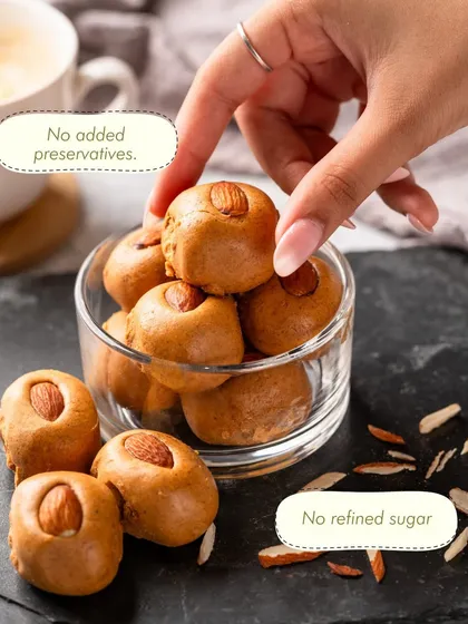 I believe in snacking the clean way. My Besan Laddoos, like all my sweets, are made with 100% thoughtfully chosen ingredients. This means no added preservatives and no refined sugar, just real nourishment and homemade comfort in every bite.