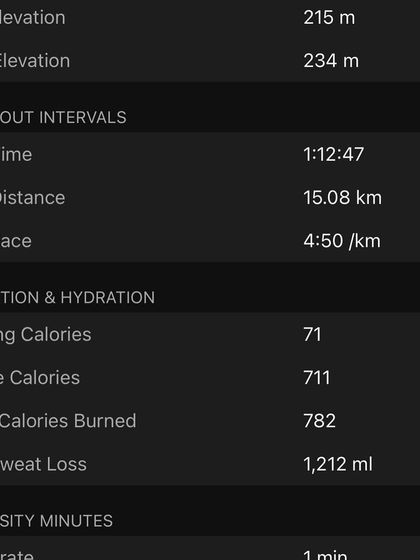 Detailed stats from a 15km run, including elevation, pace, and estimated sweat loss of 1,212 ml. We use this data to dial in our hydration and nutrition strategies.