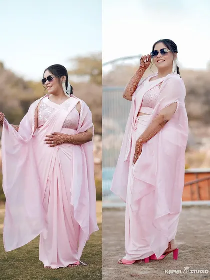 A diptych showcasing the bride's full Haldi outfit, a modern and chic pastel pink saree.