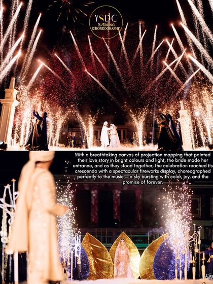 This graphic details a breathtaking Varmala we designed. It combined projection mapping, a spectacular fireworks display choreographed to music, and a dramatic bridal entry to create a sky bursting with color and joy.