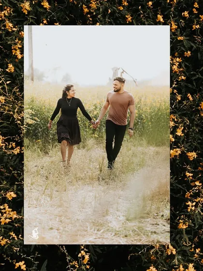 A collage that combines a beach drone shot with a photo of the couple walking hand-in-hand through a beautiful field.